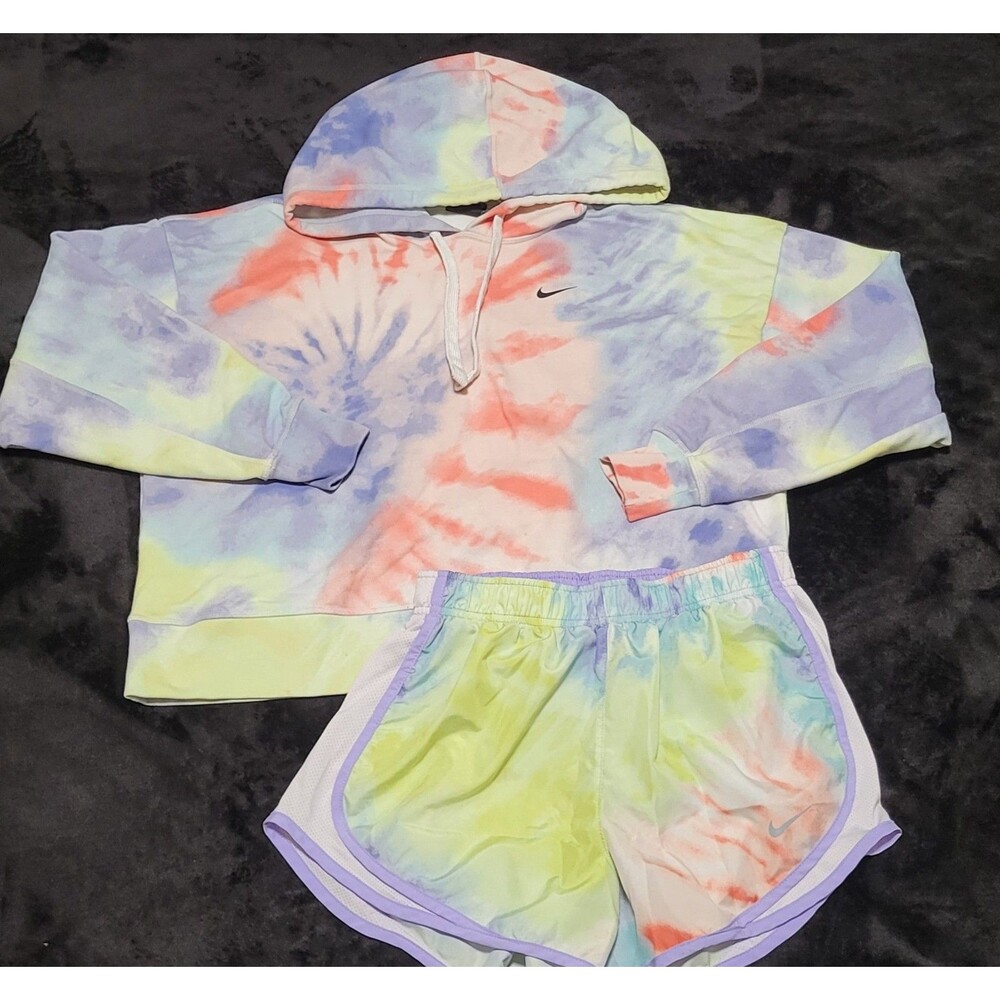 Womans Nike DriFIT Tie-dye Pullover Training Hoodie Lined Shorts Set Size Small